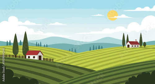 Cartoon-style illustration of a sunny countryside scene