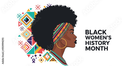 Beautiful profile of a Black woman with a large afro and a colorful patterned headband for Black Women's History Month on white.