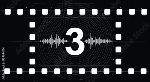 Retro film countdown screen showing the number three with sound wave patterns and a classic movie film strip border on black.