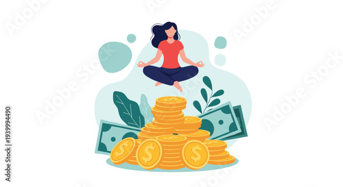 Young woman practicing meditation and levitating over a large stack of gold coins and money representing financial wellness and success.