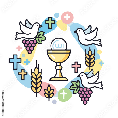 Circular religious illustration features chalice, dove, grapes, wheat, and crosses