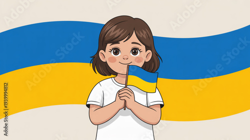 Young girl holding ukrainian flag symbolizing national pride and support with a blue and yellow background