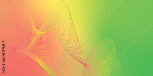 Glowing yellow, pink and green light streaks sweeping across a dark black space with scattered micro sparkles, modern digital tech theme, vector style illustration.