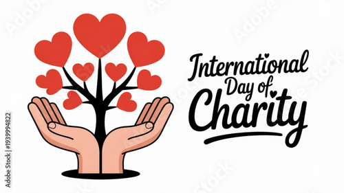 International day of charity graphic with hands holding heart tree symbol