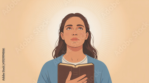 Woman with long brown hair holding a book looking up thoughtfully in a blue shirt and white collar against a beige background with soft lighting
