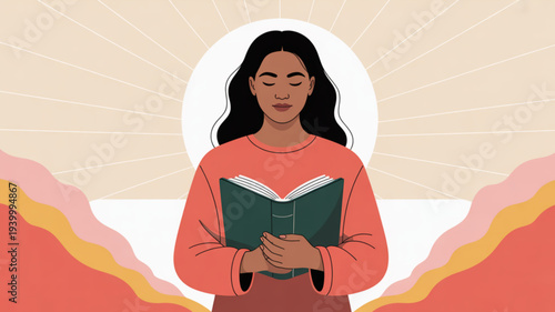 Woman reading book with peaceful expression in colorful abstract background