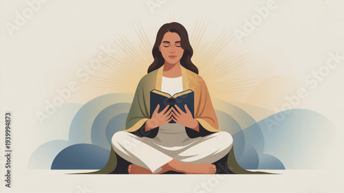 Woman sitting cross legged reading a book in a serene environment with clouds