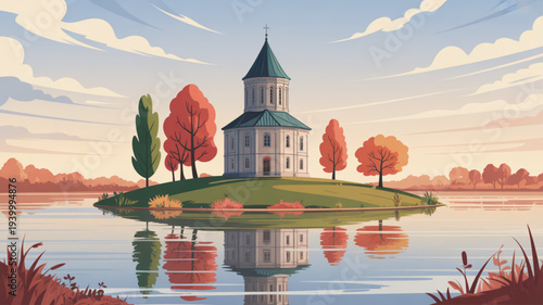 Serene white church with green roof on small island surrounded by autumn trees reflected in calm lake water under blue sky with clouds