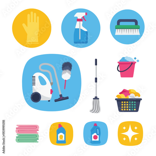 Collection of cleaning tools and products arranged in a circular design