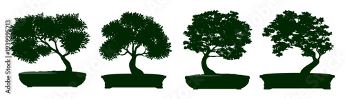 Black set of Bonsai Trees. Vector outline Illustration.