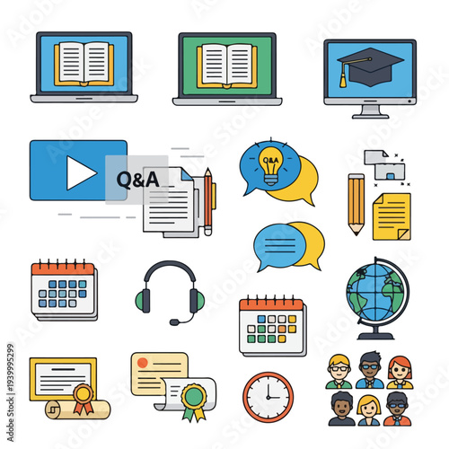 Collection of colorful, flat icons related to learning, education, and studying
