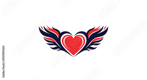 Creative emblem of a red heart with elegant black and blue wings symbolizing love freedom spirit and eternal connection on white.