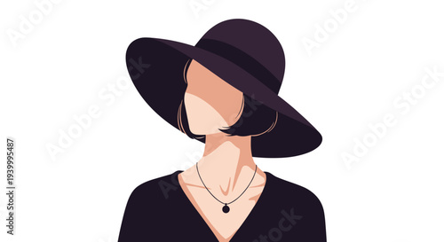Stylish minimalist portrait of a woman wearing a large floppy black hat and a dark top in a clean vector character design style.