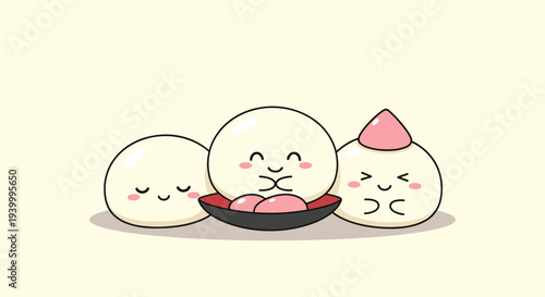 Three adorable mochi characters with happy faces and rosy cheeks in a playful Japanese snack illustration on a soft yellow background.