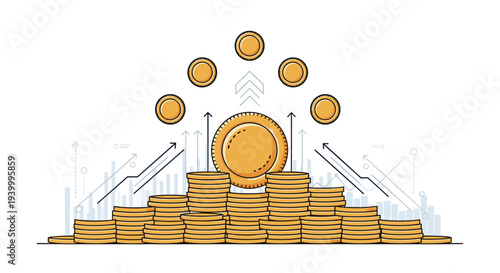 Large stack of gold coins with upward arrows and financial data charts in the background signifying economic growth and prosperity.
