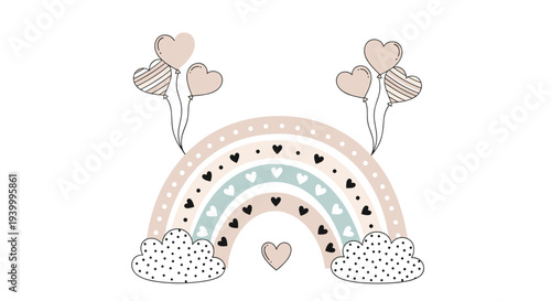 Bohemian nursery rainbow in soft neutral colors with heart-shaped balloons and spotted clouds in a charming children's illustration.