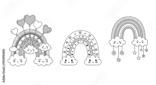 Set of three hand drawn rainbows with cute clouds and decorative stars and hearts in black and white style for children nursery art decor.