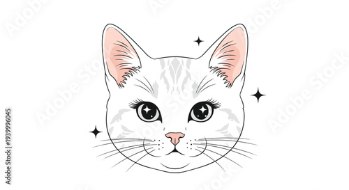 Adorable white cat head illustration with large sparkling eyes and tiny black stars around its face on a solid white background.