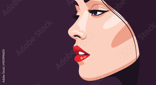 Stylish profile illustration of a woman with dark hair and bright red lips on a deep purple background representing beauty and fashion elegance.