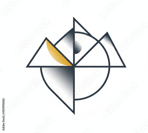 Geometric shapes forming a symmetrical logo with abstract elements and circular patterns