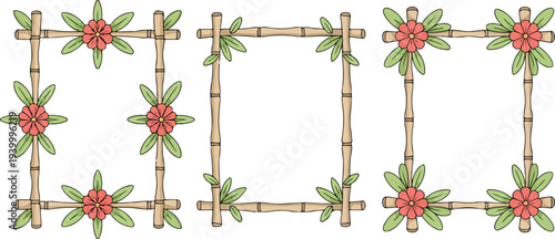 Decorative bamboo floral frame set with green leaves and coral flowers rectangular border vector illustration