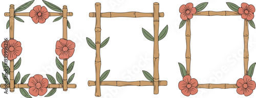 Decorative bamboo floral frame set with green leaves and coral flowers rectangular border vector illustration