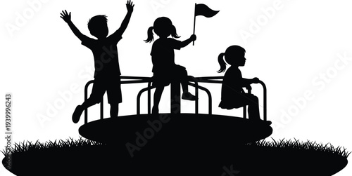 Children silhouette playground merry go round, outdoor play activity artwork, joyful childhood scene illustration, black vector design, fun recreation, flavector