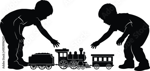 Children silhouette playing with toy train set, steam engine, coal car, passenger car, childhood imagination, family playtime, flavector