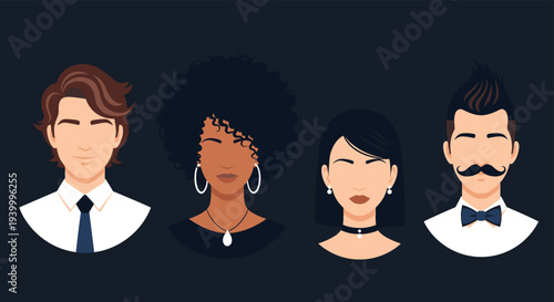 Set of four diverse male and female avatars with different hairstyles and accessories displayed on a dark background for social media profiles.