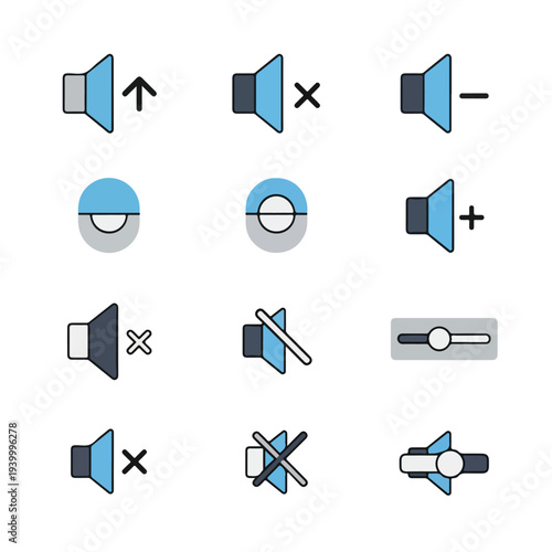 Collection of flat graphic symbols representing audio and sound controls