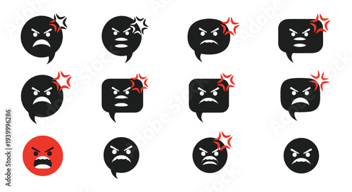 Collection of angry emoji icons in speech bubbles and circular frames featuring one prominent red face among black symbols.