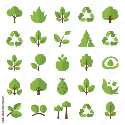 Collection of flat, green icons of trees, leaves, and recycling symbols