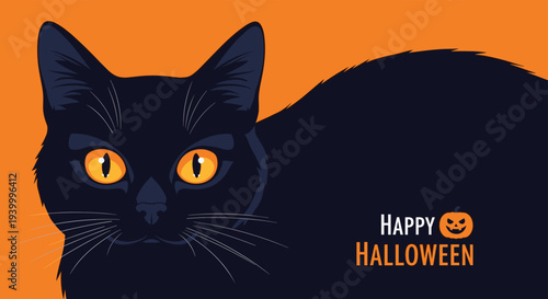 Illustrative portrait of a black cat with piercing orange eyes and text happy halloween on a bright orange background for festive holiday decor.