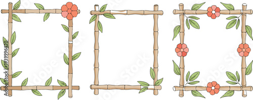 Decorative bamboo floral frame set with green leaves and coral flowers rectangular border vector illustration