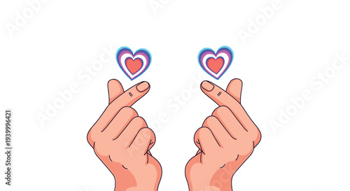 Two hands making the korean finger heart sign with small glowing hearts above them on a white background representing love and fan appreciation.