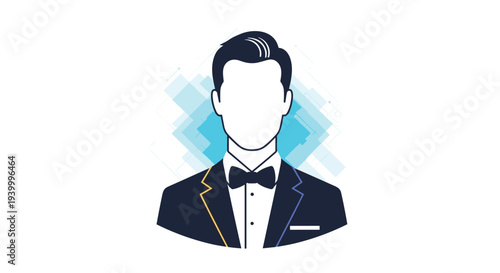 Minimalist avatar of a man in a black tuxedo and bow tie against a blue geometric background for professional profile and identity representation.