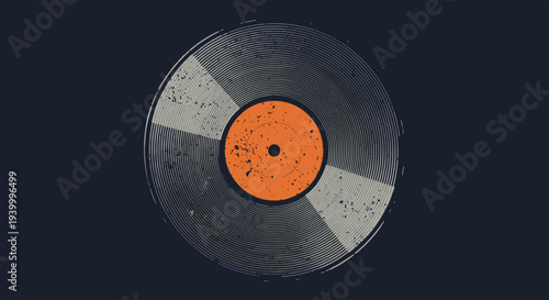 Grungy vinyl record illustration with a textured orange center label on a dark navy background for music and vintage retro lovers design themes.