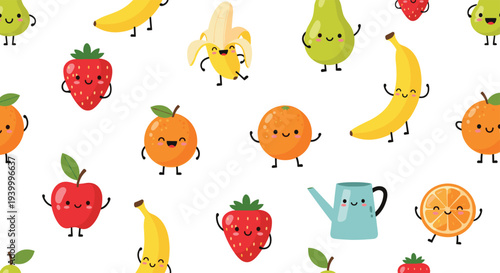 Seamless pattern of cute cartoon fruits with happy faces including apples bananas oranges and pears on a clean white background for kitchen decor.