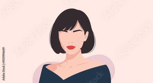 Minimalist portrait of a woman with short dark hair and bright red lips on a soft pink background for modern fashion and beauty branding art.