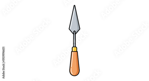 Detailed illustration of a painting palette knife with a shiny metal blade and a wooden handle on a clean white background for art supply themes.