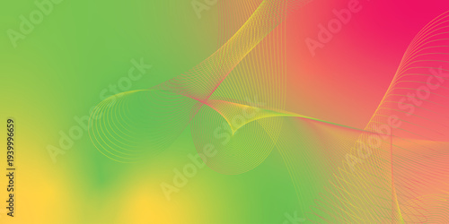 Glowing yellow, pink and green light streaks sweeping across a dark black space with scattered micro sparkles, modern digital tech theme, vector style illustration.