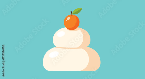 Traditional japanese kagami mochi illustration with two stacked white rice cakes and a small orange on top against a bright blue background.
