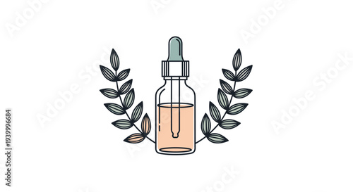 Minimalist skincare design featuring a glass dropper bottle with orange serum surrounded by two leafy branches on a white background.