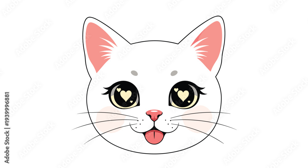 Obraz premium Cute white kitten head illustration with heart-shaped pupils and tongue out expressing love and happiness on white.