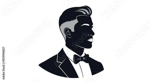 Silhouette profile of a man with a modern haircut wearing a tuxedo and bow tie on a plain white background for elegant icon and logo design.