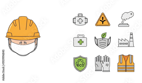 A set of safety icons and symbols for industrial and environmental protection