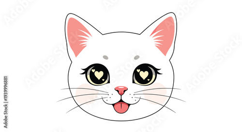 Cute white kitten head illustration with heart-shaped pupils and tongue out expressing love and happiness on white.