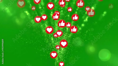 Green Screen social media love like icon engagement move in from bottom and fade with chroma background scene 2 distortion, overlay, glitch, static noise, scan lines on black background, 4k animated