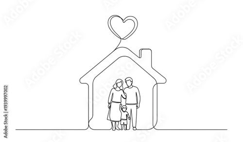 A minimalist line art illustration of a family in a house with a heart
