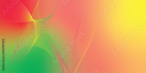 Glowing yellow, pink and green light streaks sweeping across a dark black space with scattered micro sparkles, modern digital tech theme, vector style illustration.
